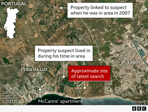 Map indicating search areas related to Madeleine's disappearance