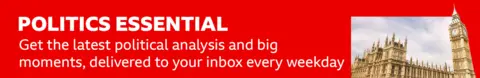 Promotional banner for the Politics Essential newsletter, inviting readers to subscribe for daily political insights.