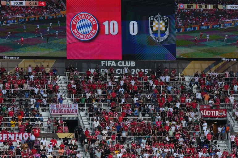 The scoreboard showing the 10-0 result of Bayern Munich against Auckland City during their group match on June 15, 2025. (AP Photo/Jeff Dean)