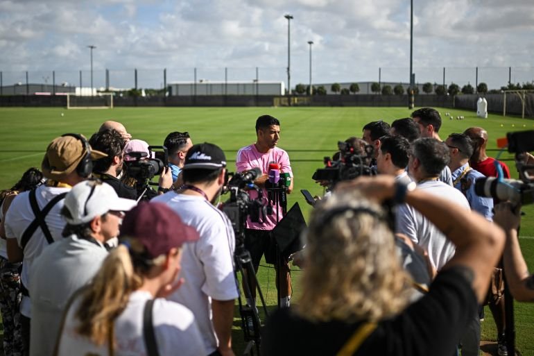 Luis Suarez from Inter Miami speaks to reporters during a training session ahead of the Club World Cup match