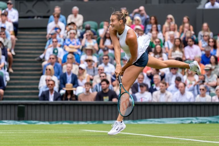 Aryna Sabalenka competing in Wimbledon 2025