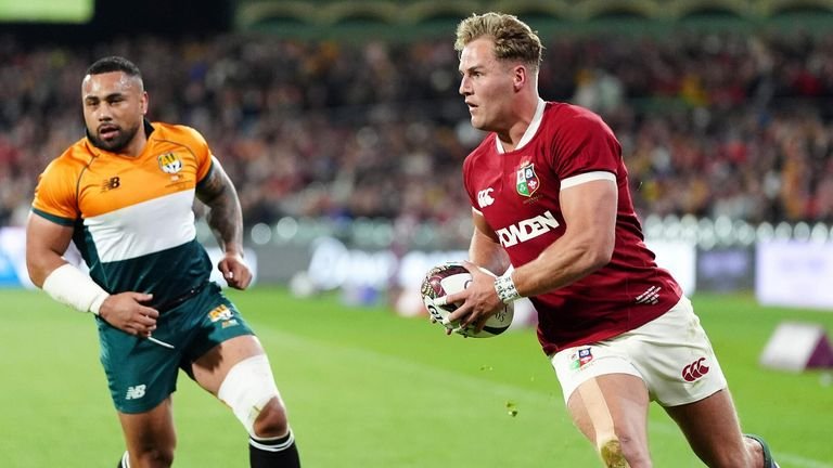 Duhan van Der Merwe scores his second try in the Lions' match against the AUNZ XV