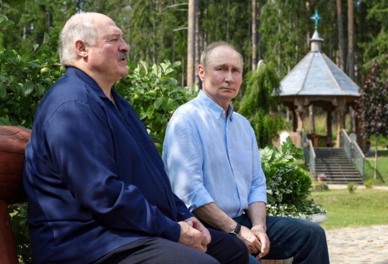 Russian President Vladimir Putin and Belarusian President Alexander Lukashenko visit Valaam Monastery, Karelia, Russia, August 1, 2025. REUTERS/Sputnik/Gavriil Grigorov