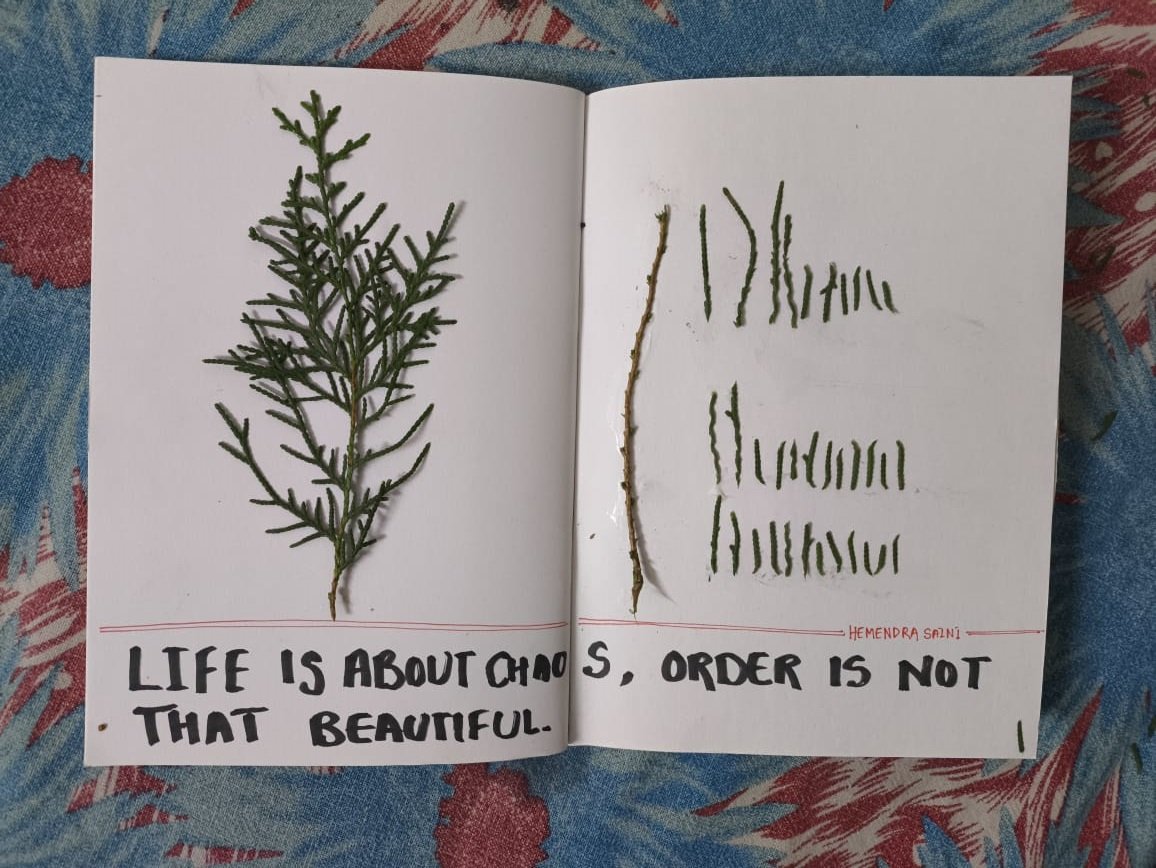 A notebook featuring a natural branch on one side and an artistically placed array of cut leaves on the opposite side accompanied by the handwritten phrase, "Life is about chaos. Order is not that beautiful."