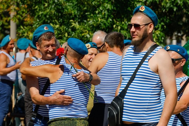 Former military personnel commemorate Paratroopers' Day in Donetsk, a Russian-controlled area of Ukraine, August 2, 2025. REUTERS/Alexander Ermochenko