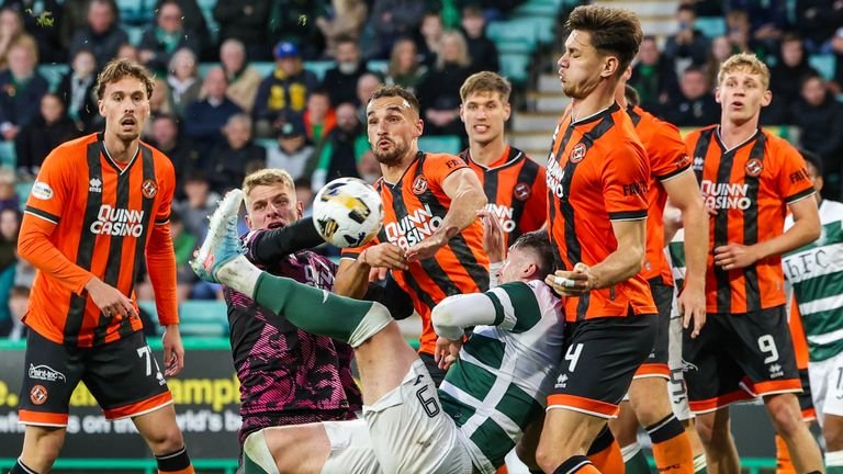 Hibernian's Kieron Bowie takes a shot resulting in a red card for Vicko Sevelj of Dundee United due to a handball.