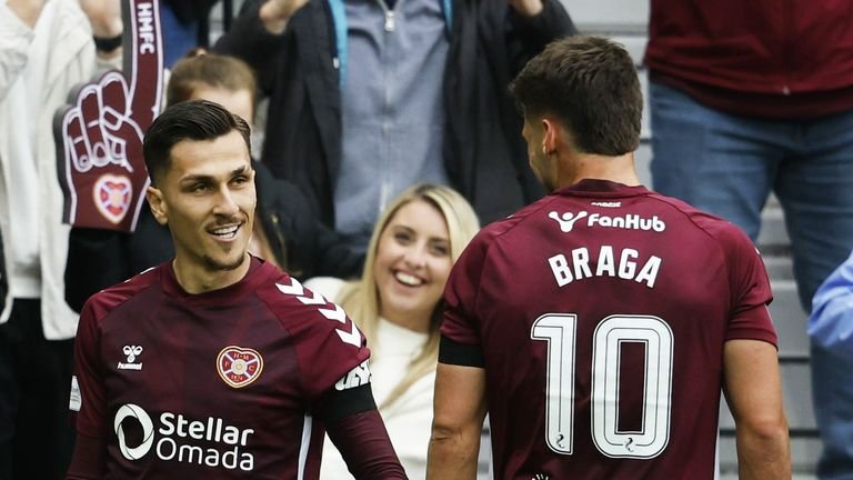 EDINBURGH, SCOTLAND - SEPTEMBER 27: Hearts Alexandros Kyziridis celebrates scoring to make it 1-0 during a match at Tynecastle Park.